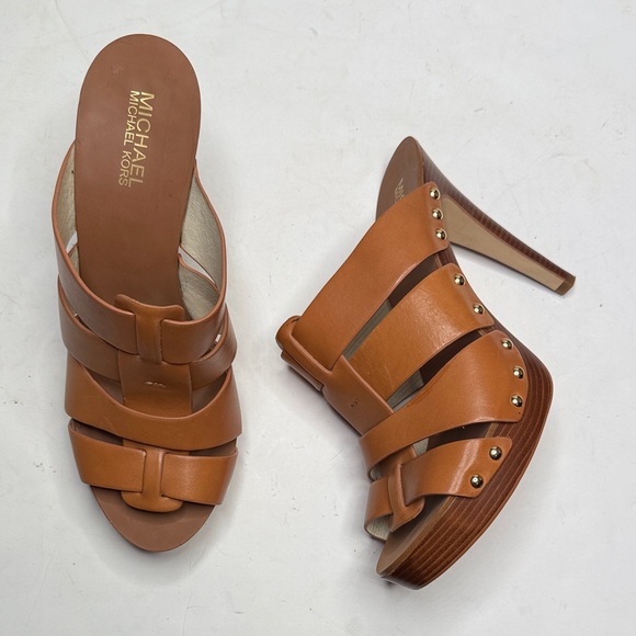 MICHAEL Kors Somerly Leather Mule Pump Tan Open Toe S-382 Sz 10 - Picture 1 of 8